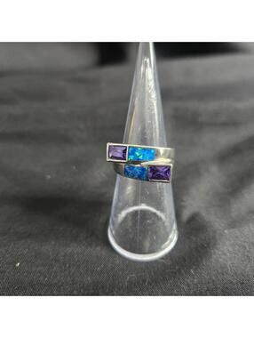 Sterling Silver Blue Opal Inlay Ring Amethyst Stone Modern 925 By Pass Size 6